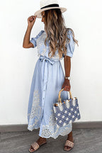 Pineapple Eyelet Embroidery Puff Sleeve Shirt Collar Button Midi Dress