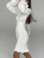 Ribbed Knit Scoop Neck Flared Sleeve Lettuce Edge Hem Bodycon Mini Dress
