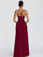 Pleated Waist-cinching And Backless Fish Tail Low-cut Halter Top Maxi Dresses