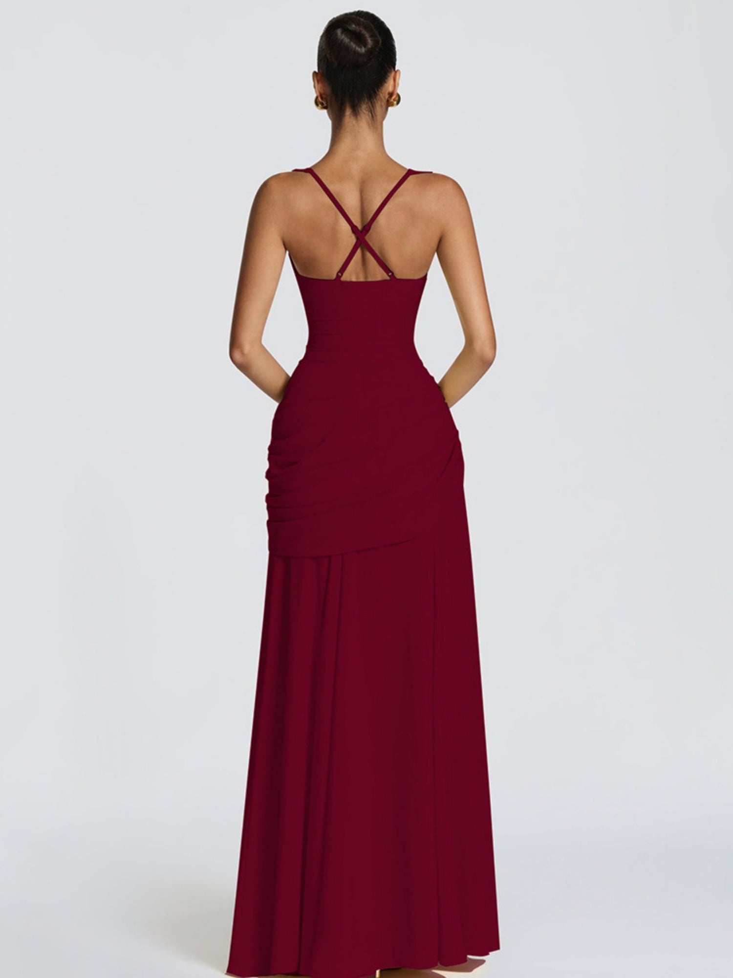 Pleated Waist-cinching And Backless Fish Tail Low-cut Halter Top Maxi Dresses