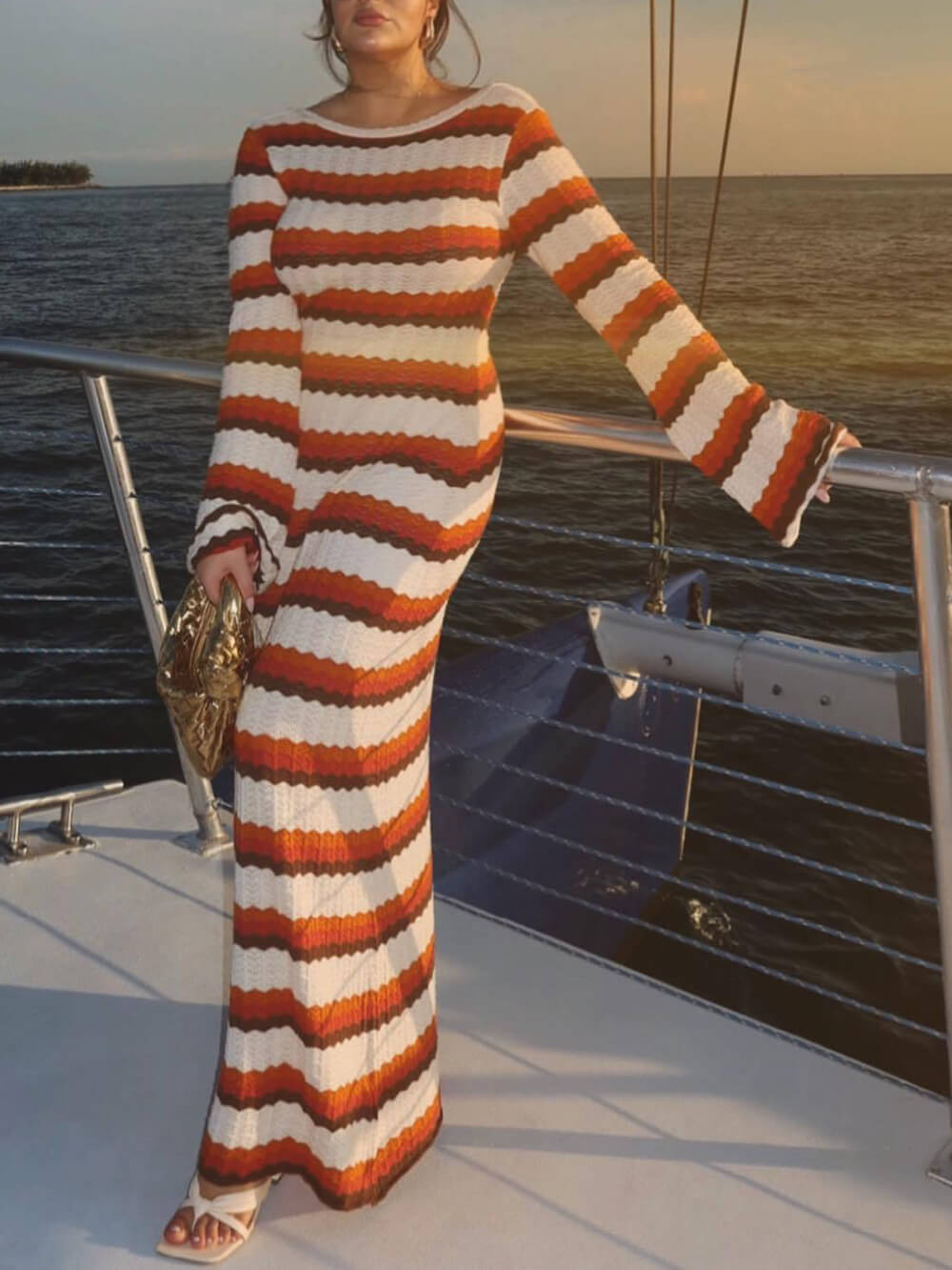 Crew Neck Wavy Stripe Bell Sleeve Knit Maxi Dress