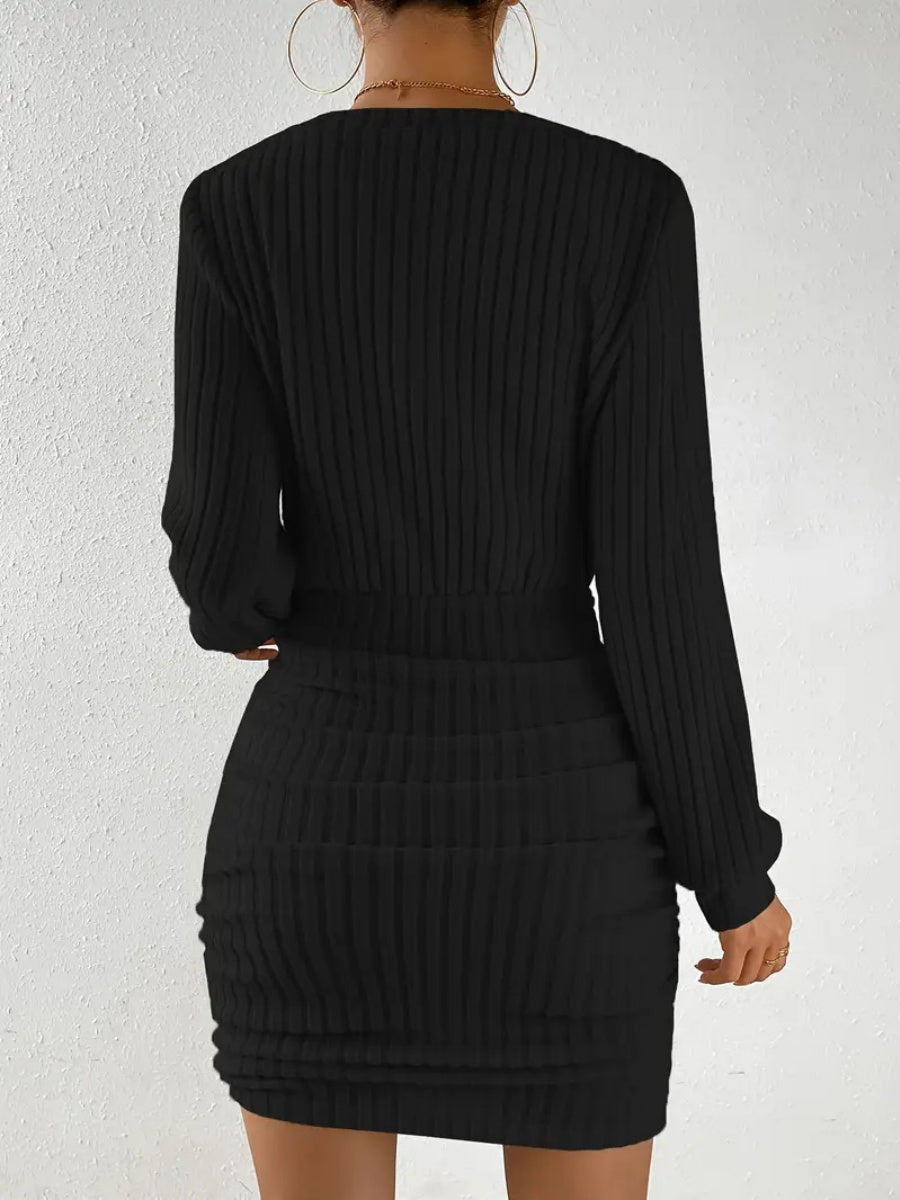 Long-sleeved Brushed Ribbed V-neck Waist Hip-hugging Leisure Short Dress For Work