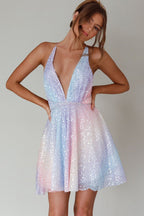 Sequin Deep V-Neck Tie Waist Fit and Flare Mini Dress