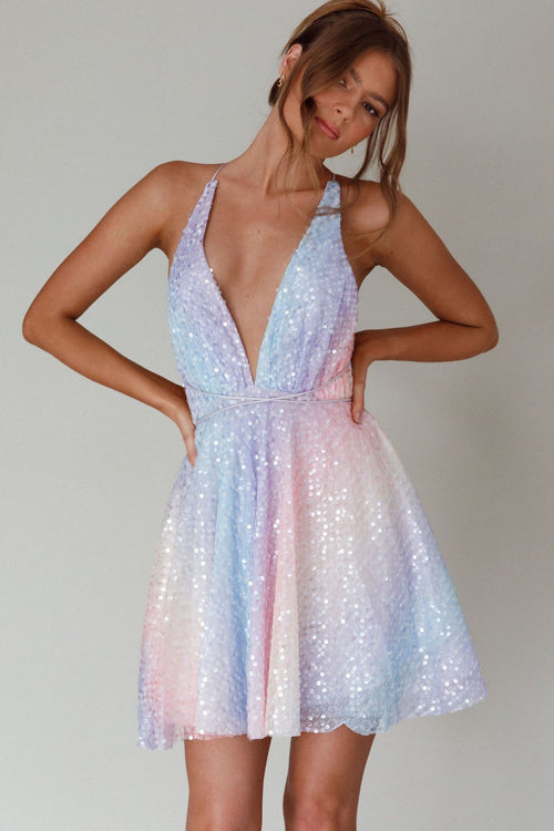 Sequin Deep V-Neck Tie Waist Fit and Flare Mini Dress