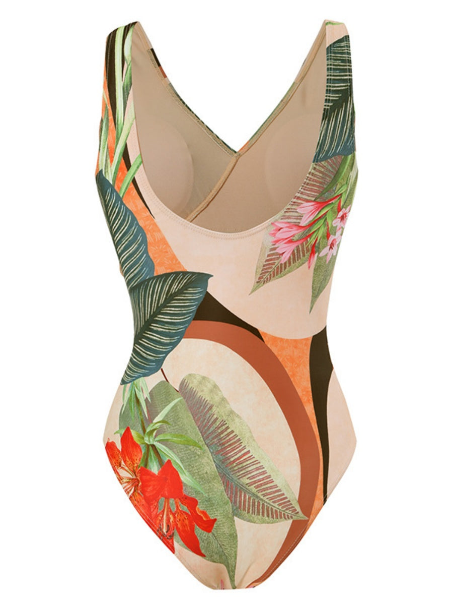 One-piece Swimsuit With Cross-over Print, Revealing Backpack And Hip-revealing Long Skirt (two-piece Set)