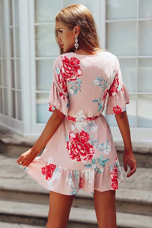 Boat Neck Ruffle Cuff Self Tie Waist Floral Ruffle Hem Mini Dress