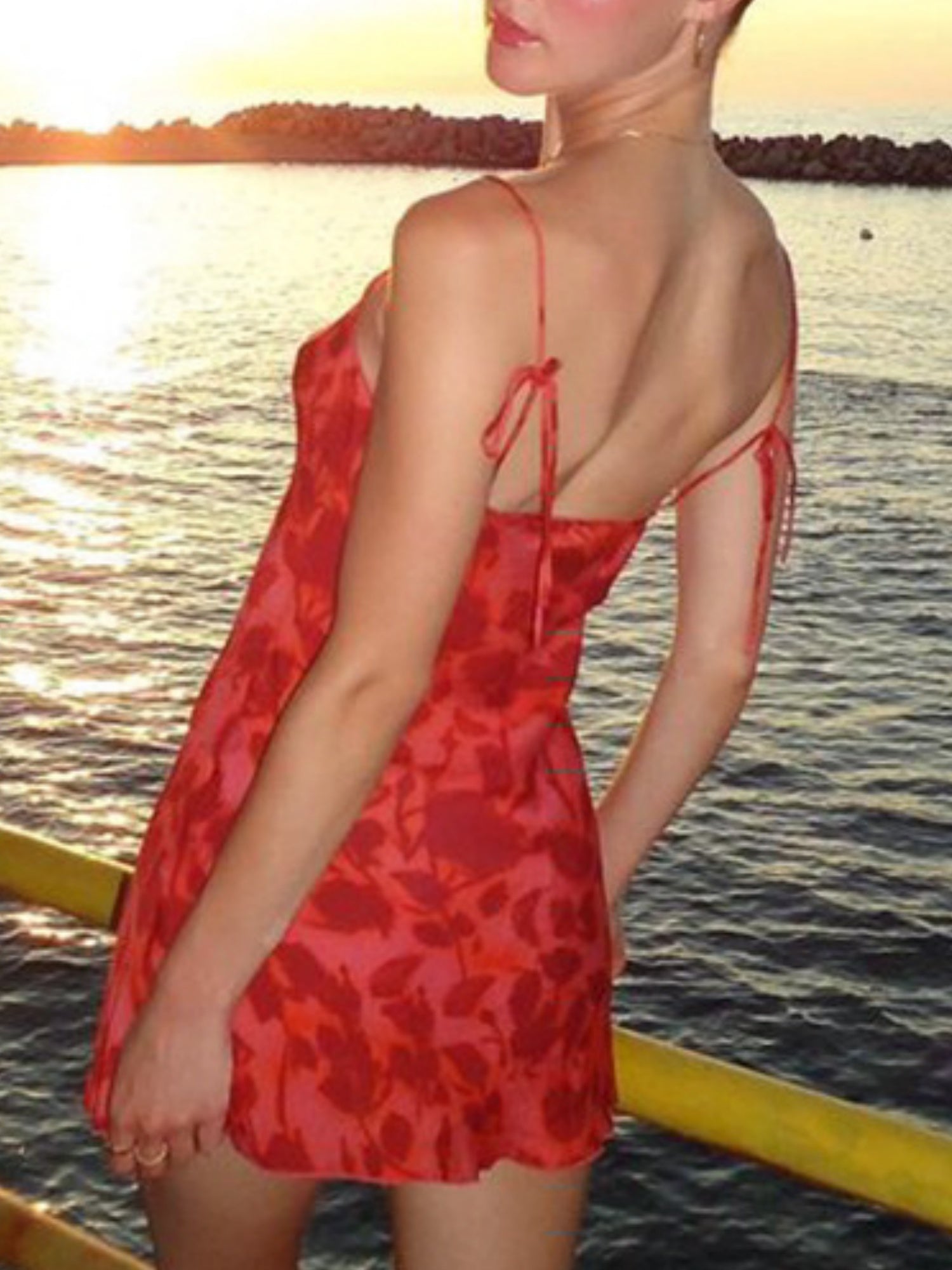 Printed Waist-cinching V-neck Camisole Mini&Short Dresses