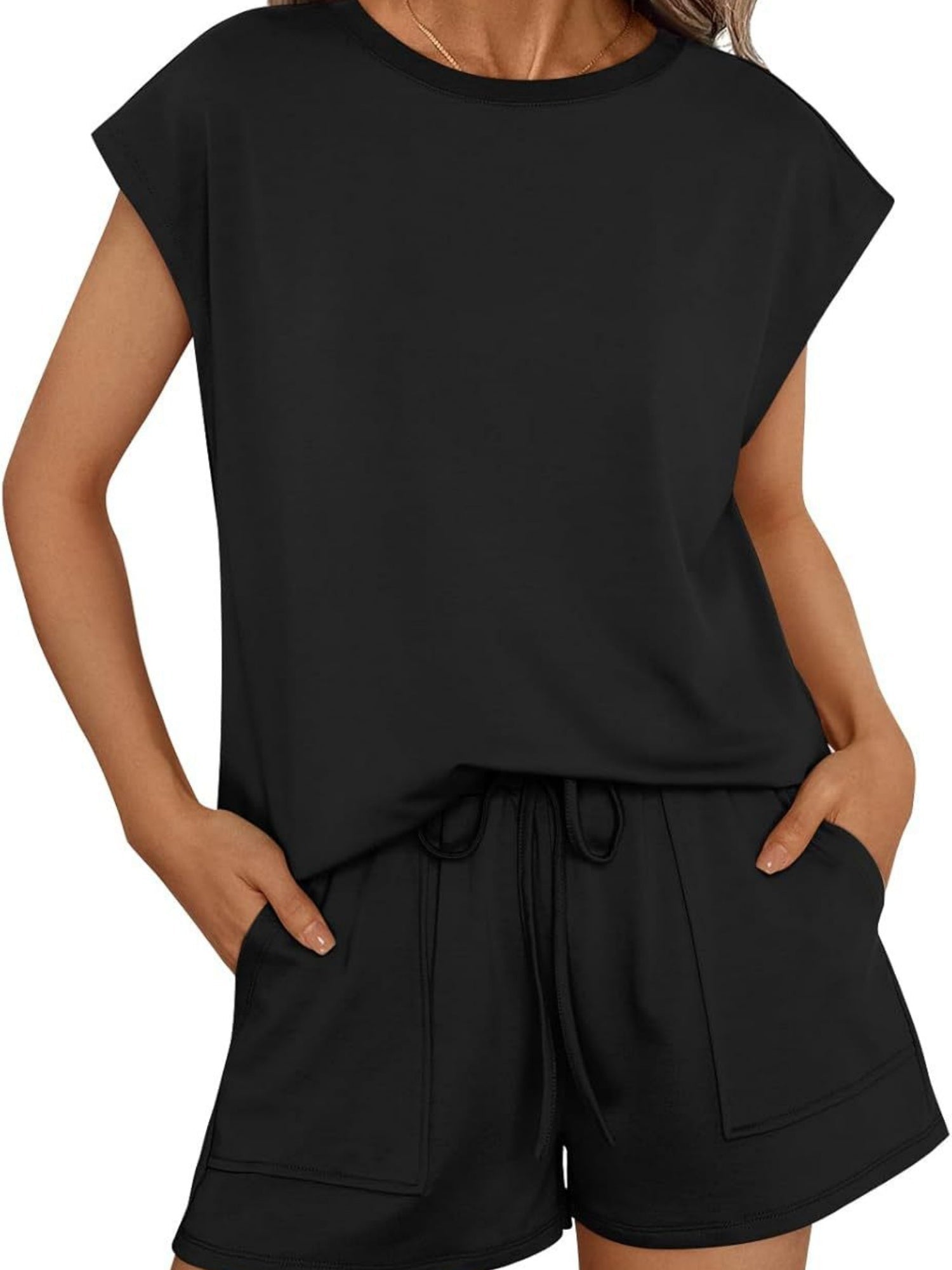 Round Neck Loose Short Sleeve Strappy Pocket Shorts Sports And Leisure 2-piece Sets