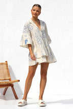 Novelty Sketch Print Collar V-Neck Button Front Tiered Smock Mini Dress