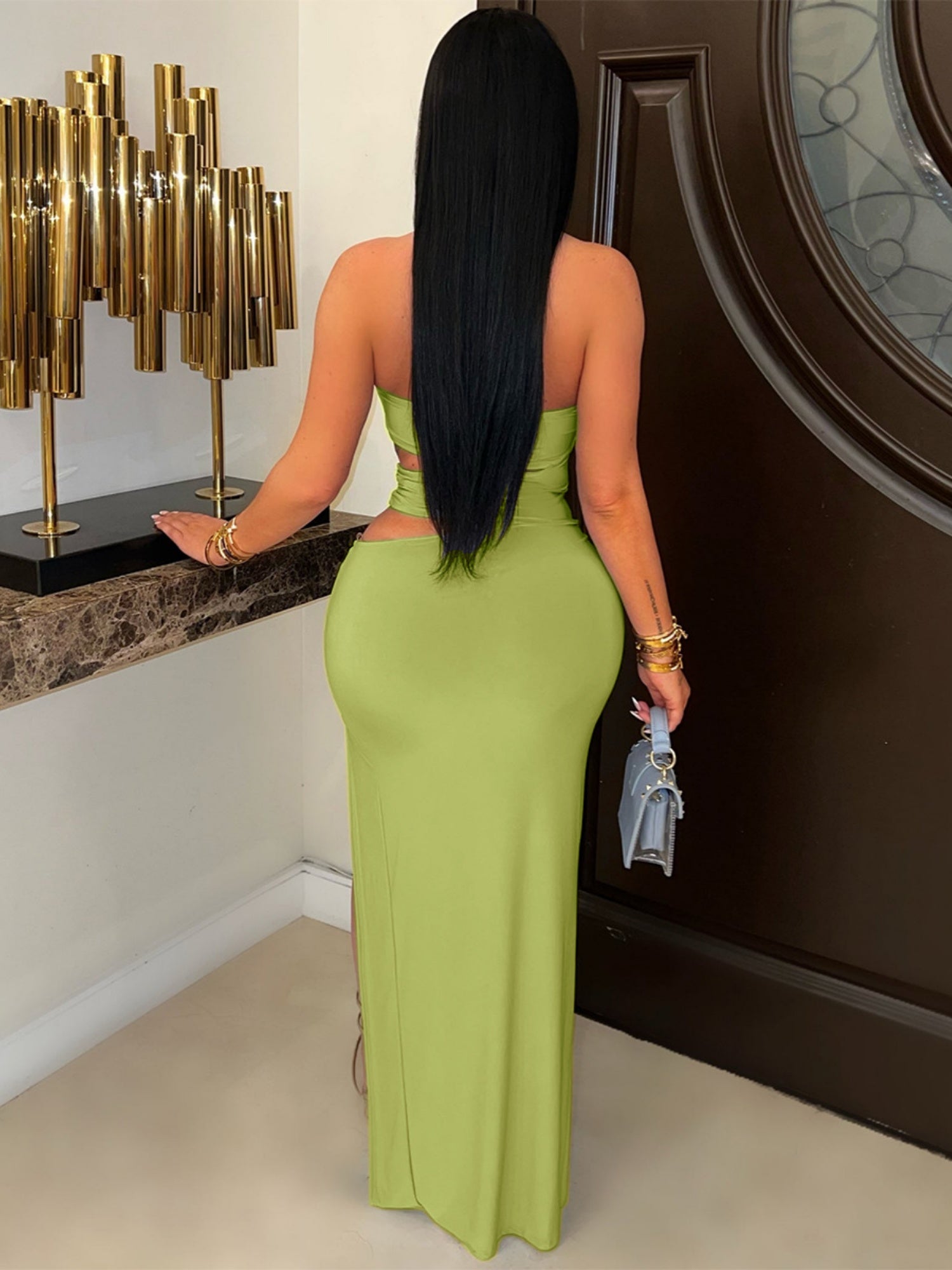Hollow Out Metal Ring Splicing High Fork Hip Wrap Pleated Maxi Dresses