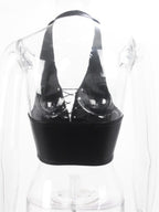PU Leather Straps Halter Neck And Backless Tank Tops