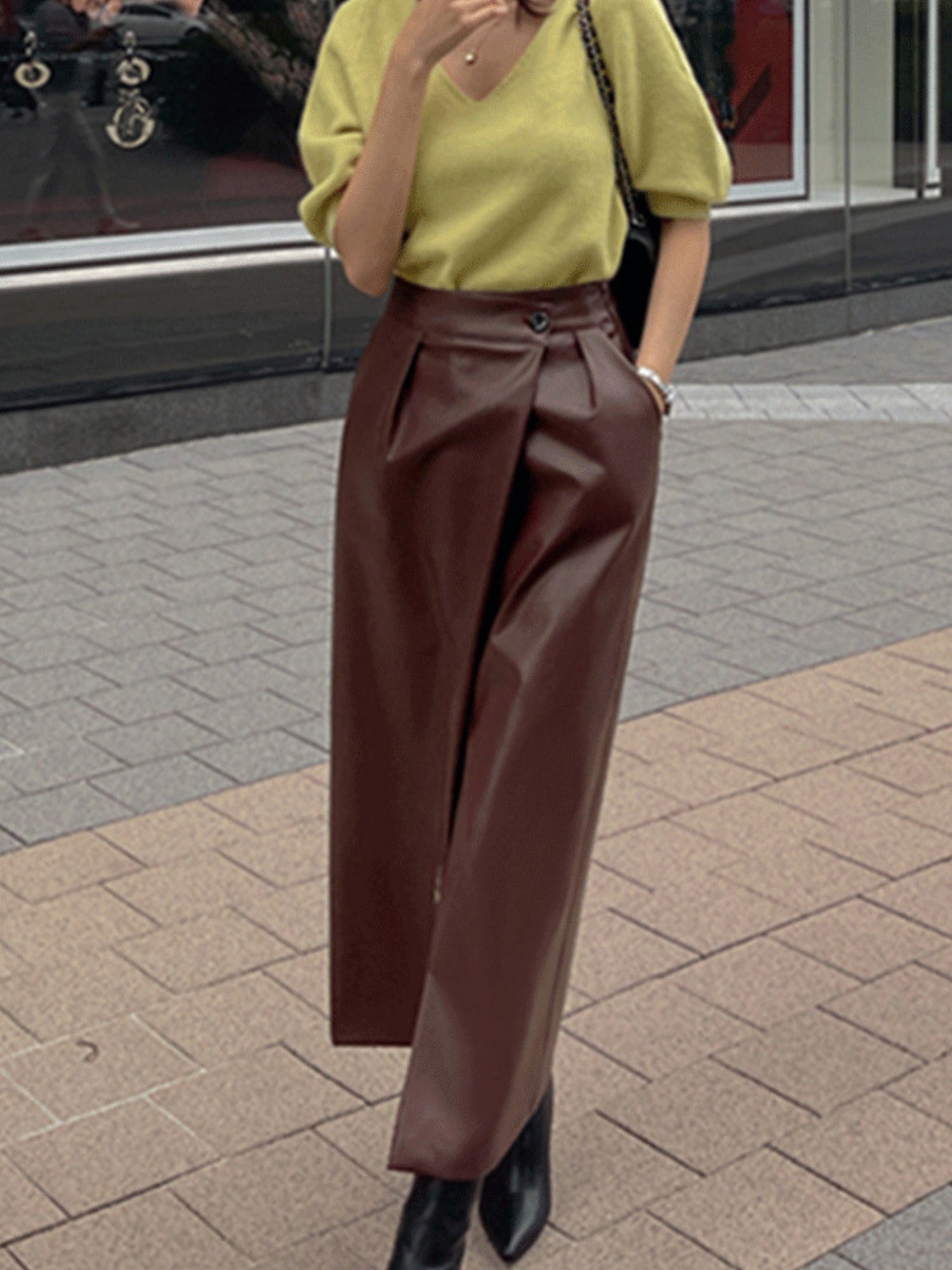 PU Leather Buttons Pleated High-waisted Side Slit Longline Skirts