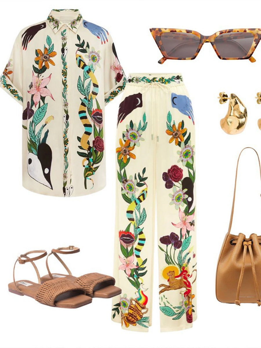Printed Vacation Long-sleeved Shirt Pants Wide Leg Set 2-piece Sets