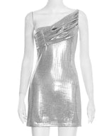 Gathering Glossy Asymmetrical Neckline, One Shoulder Sleeveless Mini&Short Dresses