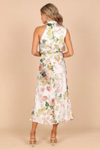 Satin Floral Print Halter Neck Cowl Neck Two Piece Set