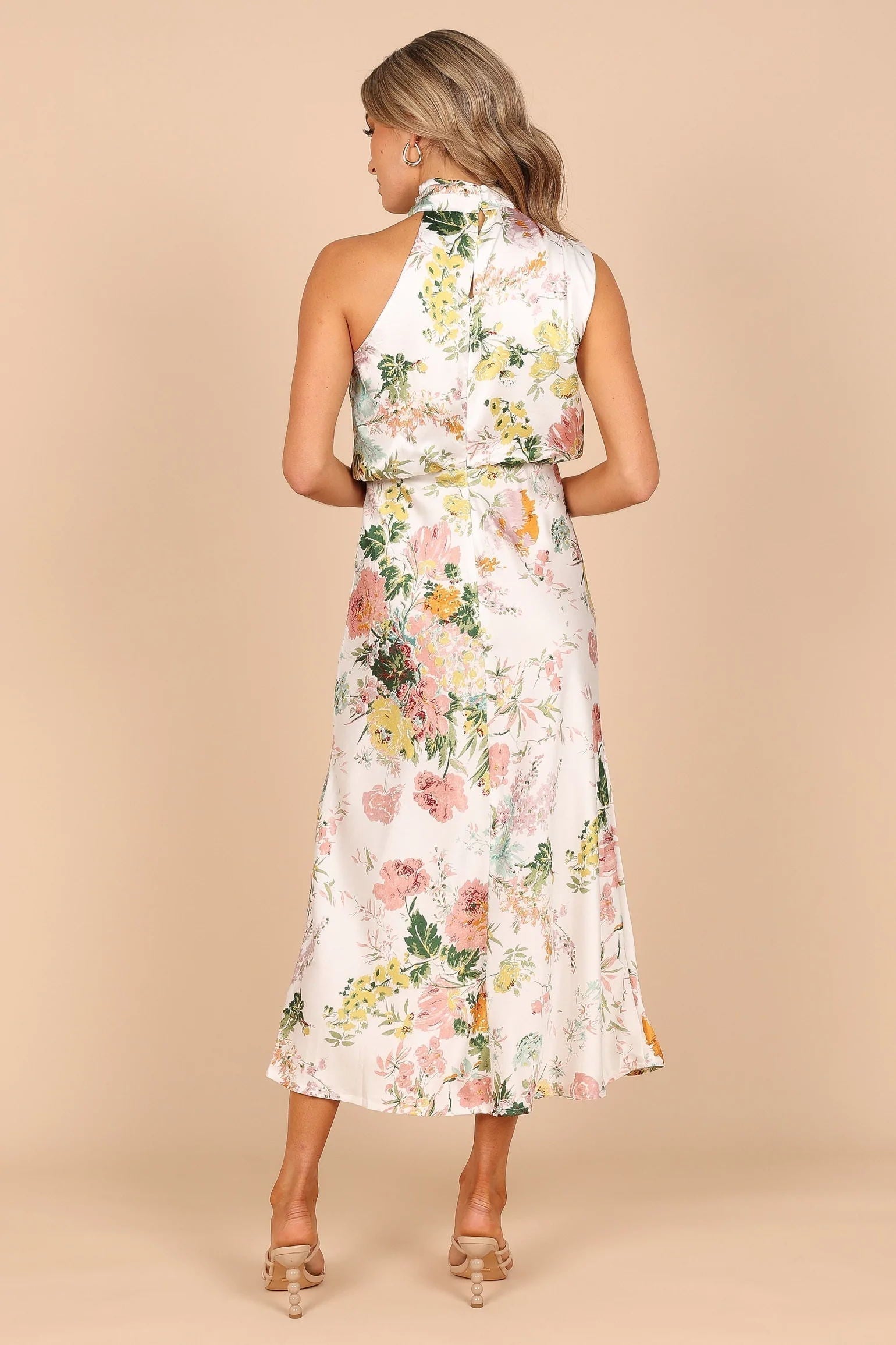 Satin Floral Print Halter Neck Cowl Neck Two Piece Set