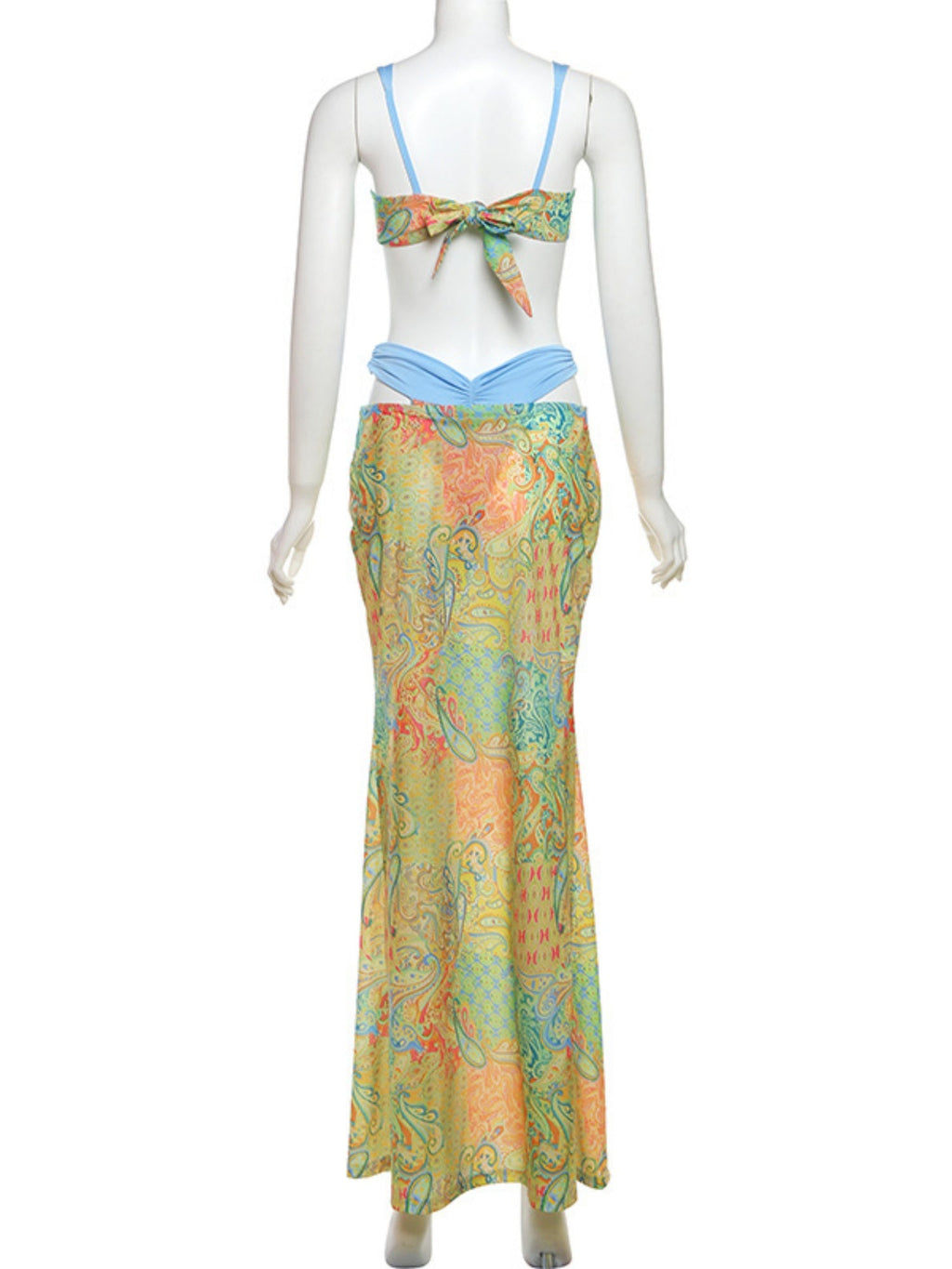 Color-blocked Print Strappy Top High-waisted Midi Skirt 3 Piece Bikinis