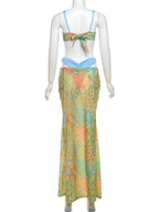 Color-blocked Print Strappy Top High-waisted Midi Skirt 3 Piece Bikinis