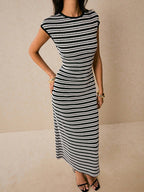Striped Sleeveless Fitted Midi Dress