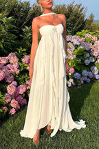 Sleeveless Open Back Ruffle Trim Slit Maxi Dress