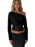 Splicing Lace Off Shoulder Long Sleeve Batwing Sleeves T-shirts