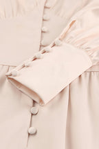 Deep V-Neck Bishop Sleeve Button Front Smocked Waist Midi Dress