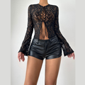 Long sleeve lace self tie solid crewneck top  | Festival Outfits Women
