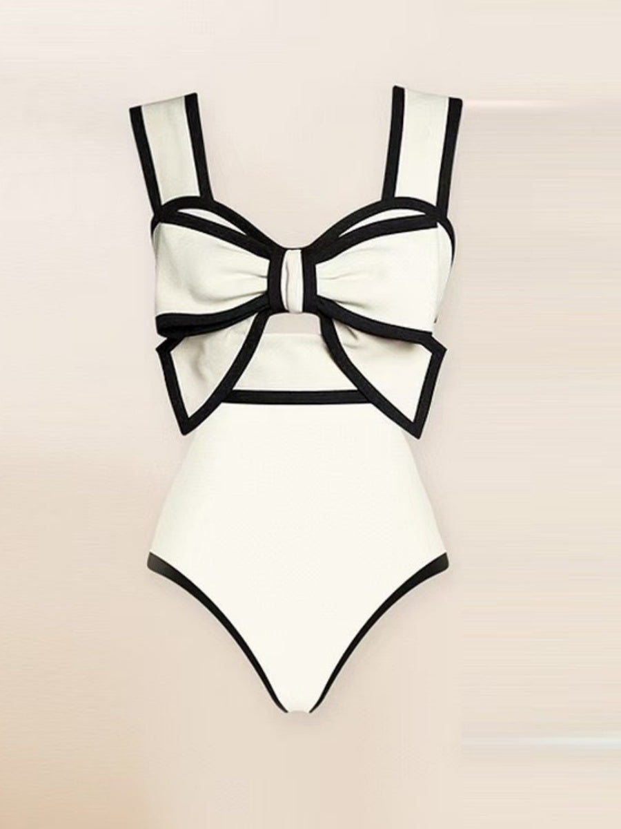 Black And White Color-blocked One-piece Swimsuit With Polka Dot Sun Protection Maxi Dress Two-piece Set