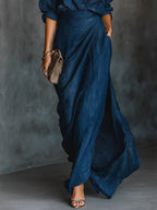 Solid Color Irregular Pleated Long Dress With Belt