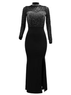 Hot-fix Rhinestone Mesh Long Sleeves Splicing Waist Shaping Slit Party Shiny Maxi Dresses