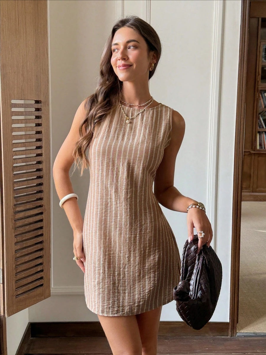 Stripes Sleeveless Crew Neck Commuting Temperament Mini&Short Dresses