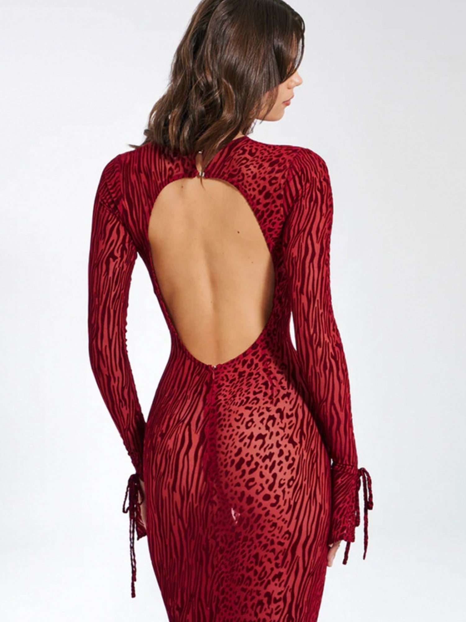 Leopard Print Backless Round Neck Long Sleeve Fish Tail Maxi Dresses