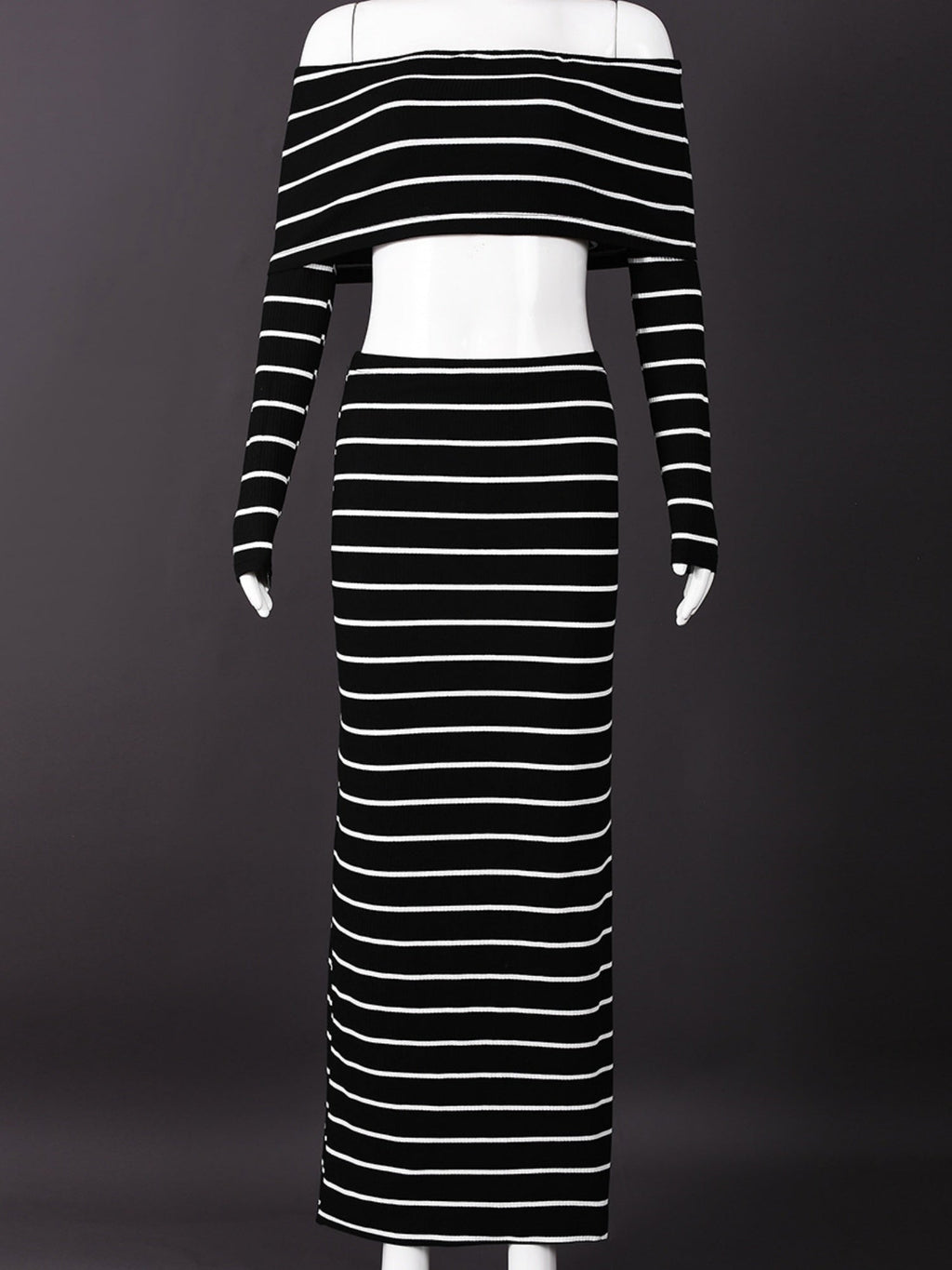 Striped Color Blocking Off-shoulder Long-sleeved T-shirt Long Bodycon Skirt 2-piece Sets