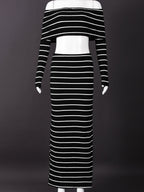 Striped Color Blocking Off-shoulder Long-sleeved T-shirt Long Bodycon Skirt 2-piece Sets