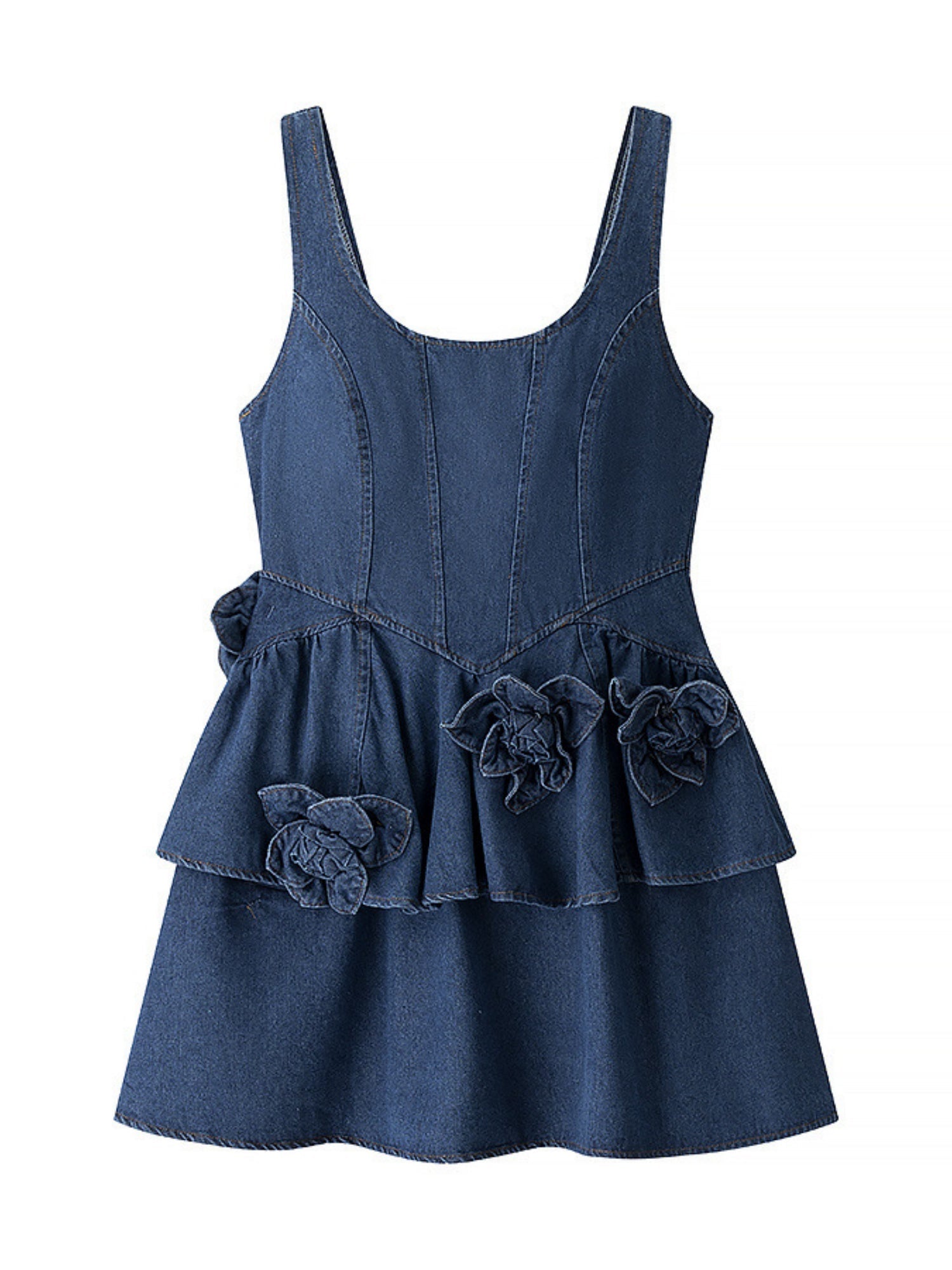 Denim 3D Flowers Tutu Spaghetti Strap Waist Mini&Short Dresses