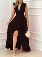 V-neck V-neck Irregular Hem High Waist Slit Temperament Maxi Dresses
