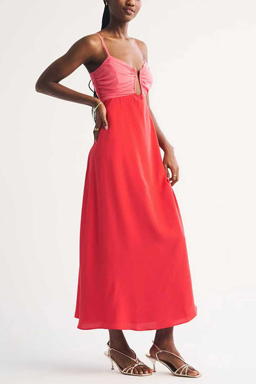 Spaghetti Strap Color Block Zipper Back Maxi Dress