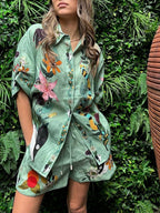 Printed Vacation Long-sleeved Shirt Shorts Set 2-piece Sets