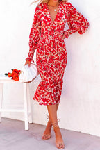 V Neck Long Sleeves Dress Printed Mermaid Midi Dress