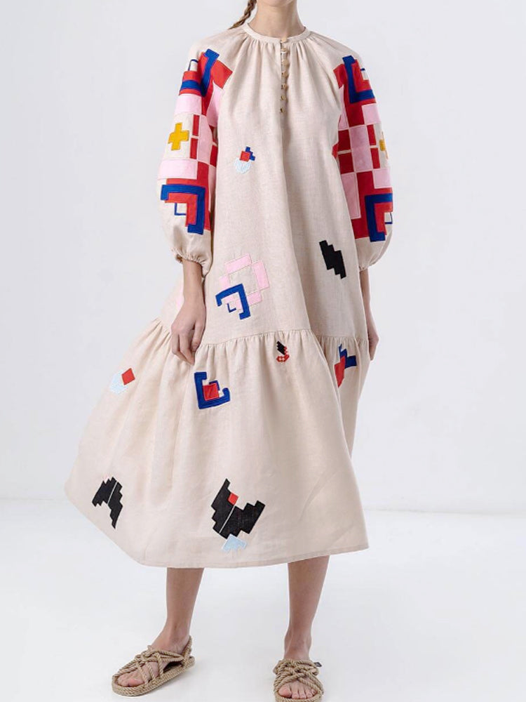 Abstract Geometric Embroidery Balloon Sleeve Tiered Midi Dress