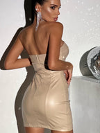PU Leather Pleated Strapless Bodycon Mini&Short Dresses