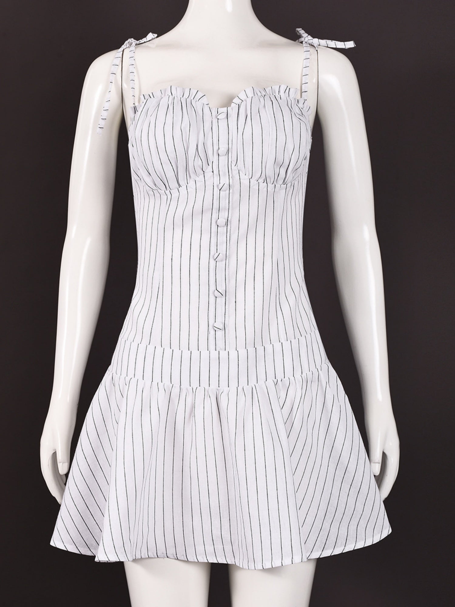 Stripes Pleated Straps Mini&Short Dresses