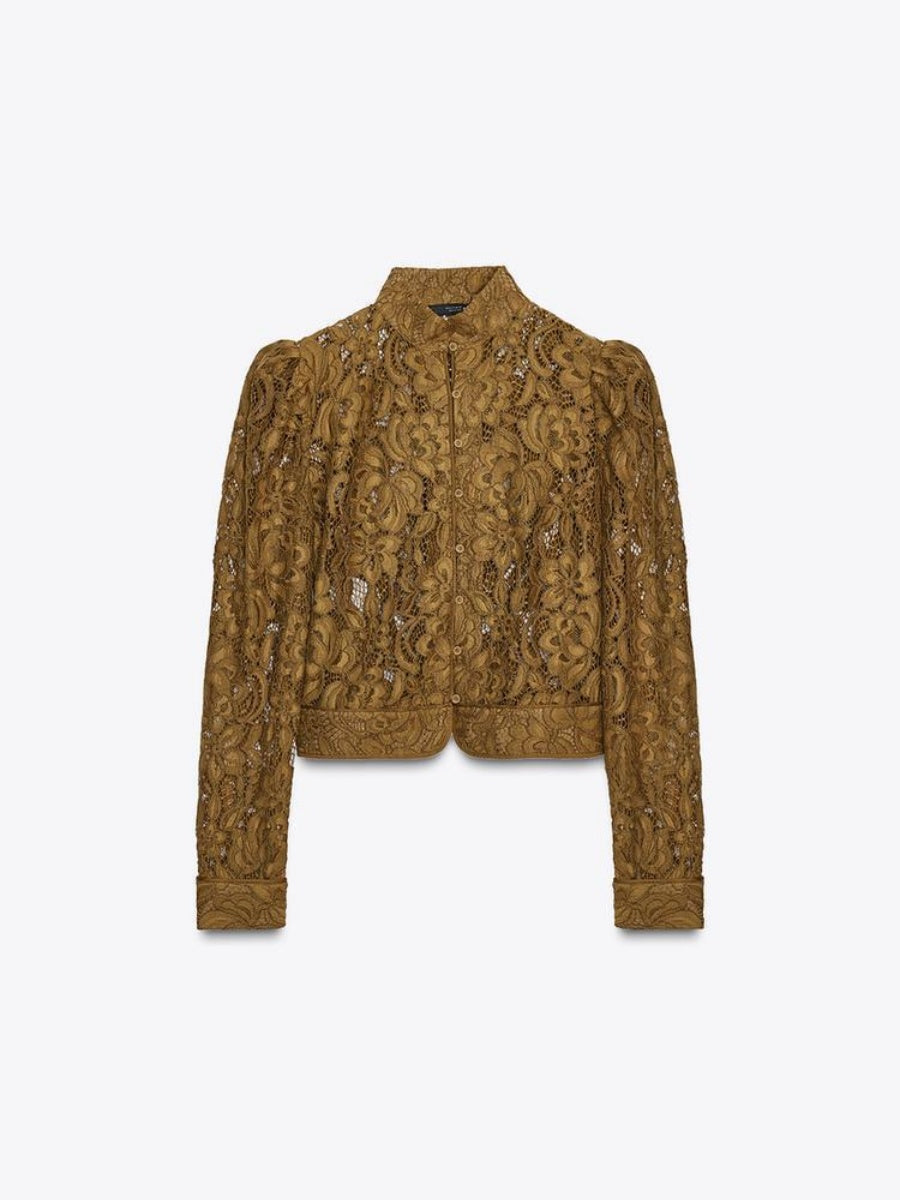 Applique Lace Stand Collar Cardigan Hollow Vacation Shirts