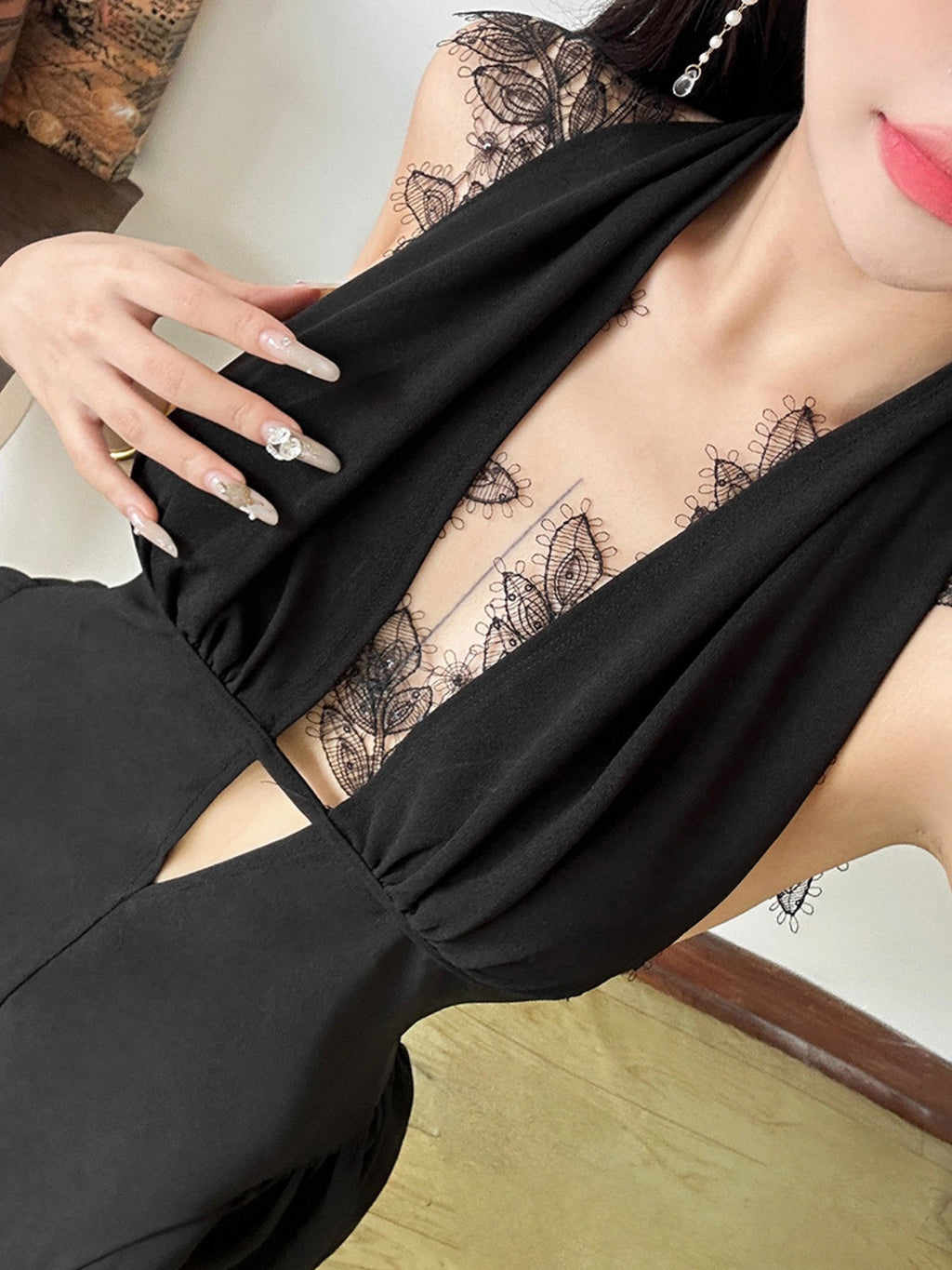 Lace Patchwork Halter Neck Deep V-neck Mini&Short Dresses