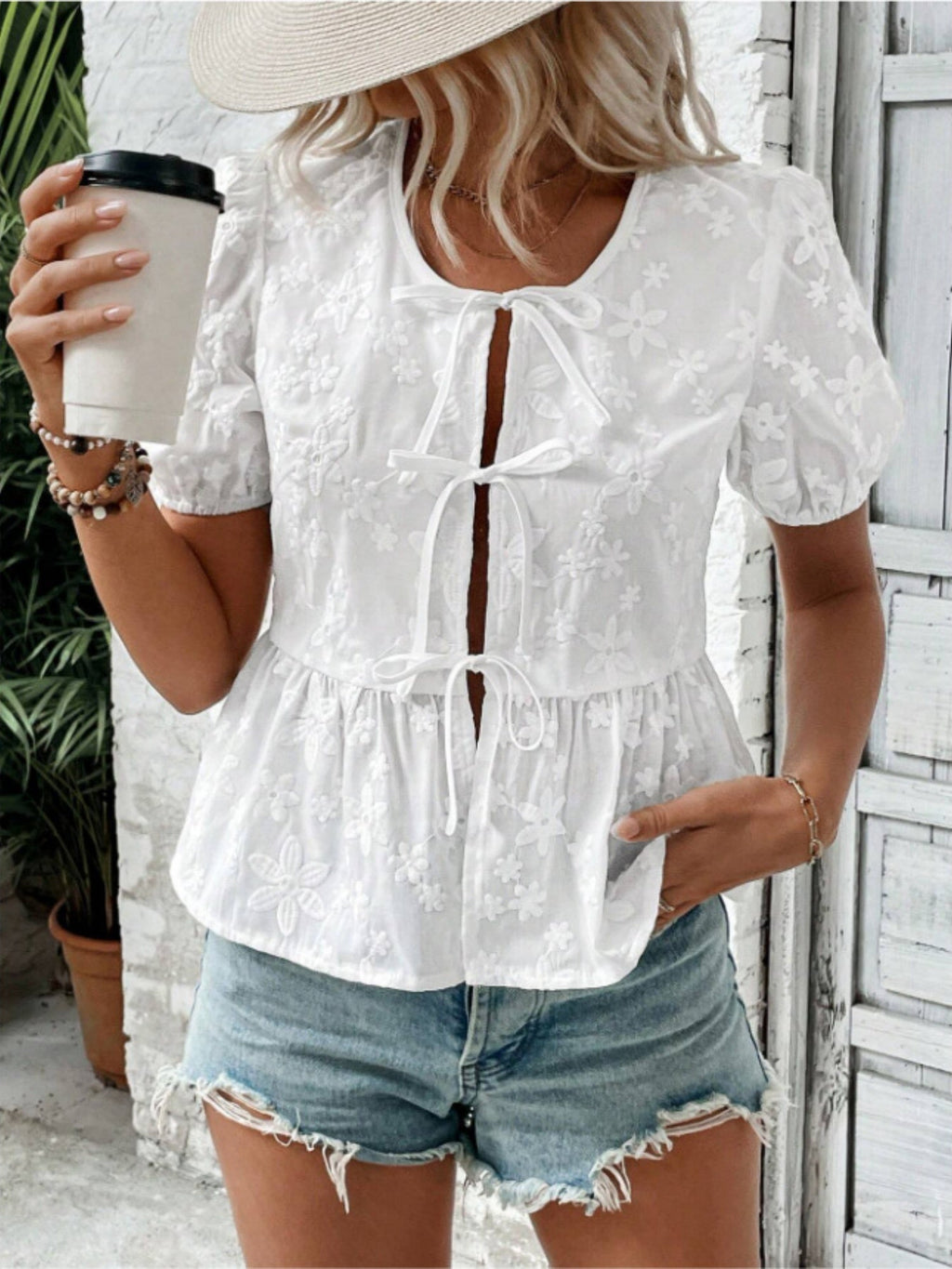 Lace Flowers Bow Tie Hollow Out Round Neck Puff Sleeves T-shirts