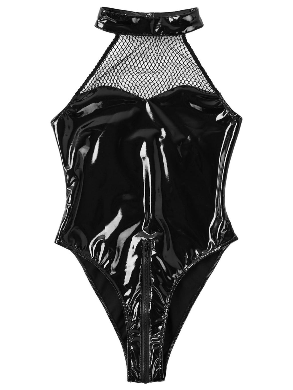 Patent Leather Mesh Halter Neck And Backless Bodysuits
