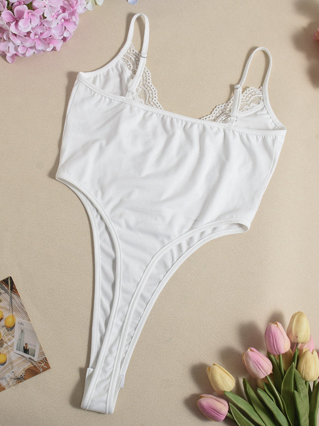 Lace Trim High Elasticity In Crotch Hollow-out High Waist Bodysuits