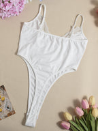 Lace Trim High Elasticity In Crotch Hollow-out High Waist Bodysuits