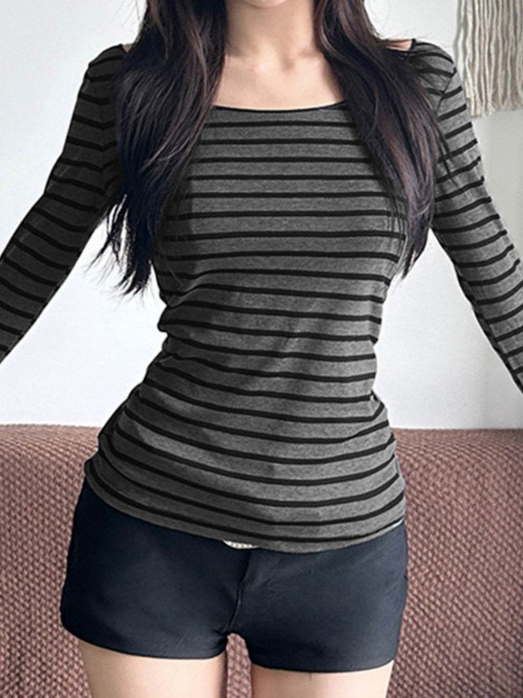 Striped Color Blocking Off-shoulder Slimming Off-shoulder Long-sleeved T-shirt