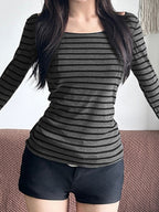 Striped Color Blocking Off-shoulder Slimming Off-shoulder Long-sleeved T-shirt